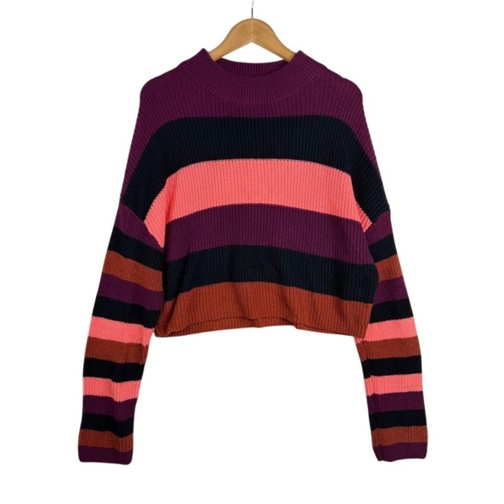 NWT Express Womens Boho Striped Crop Chunky Knit Pullover Sweater Size Large